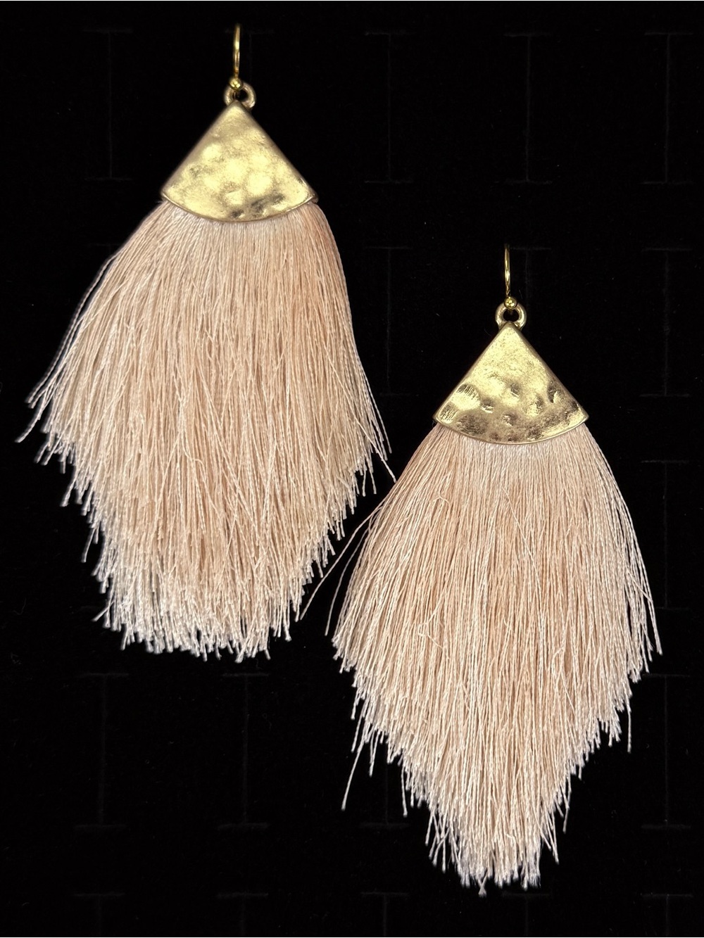Bohemian chic, brass tone, hammered, weighted, thick fringe pierced earrings